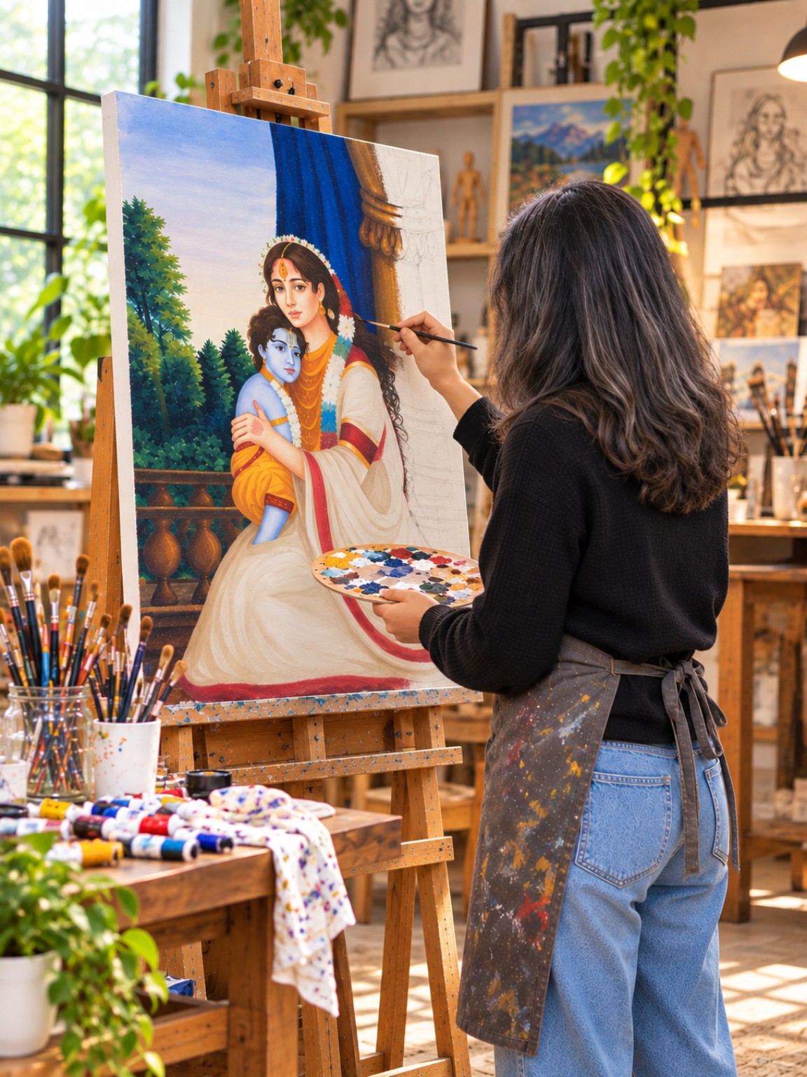 Artist painting a devotional artwork in a sunlit studio